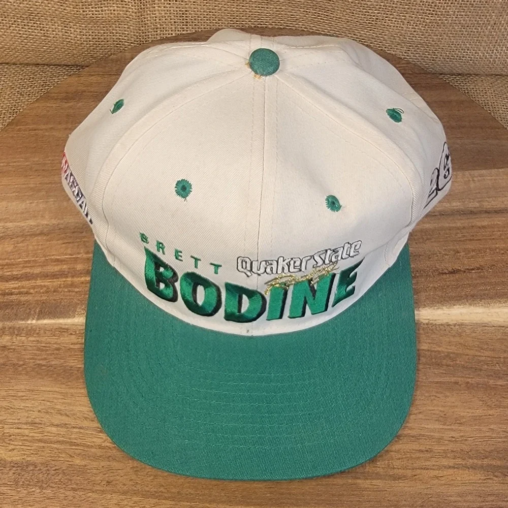 Vintage 90s Brett Bodine NASCAR Snapback Hat Quaker State Racing Green White Cap